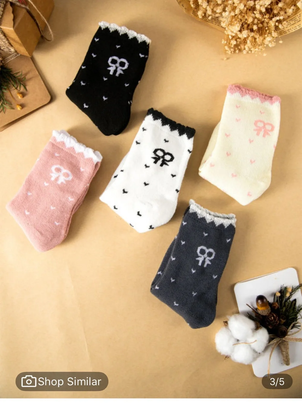 1262. Tiny Hearts & Bow Print Cotton Knit Socks – 5 Pair Pack